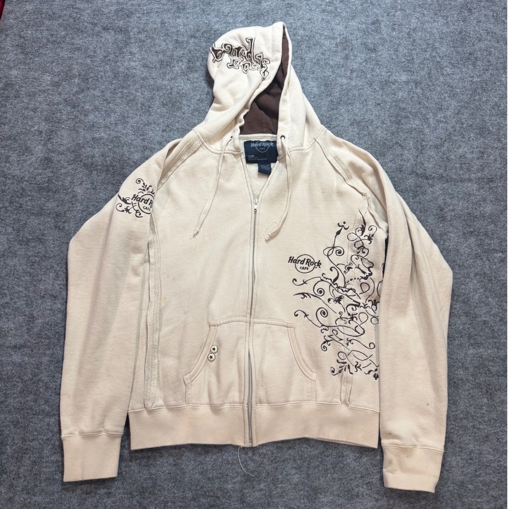 VTG Y2K Hard Rock Cafe San Francisco Full Zip Embroidered Hoodie Cream Brown XL